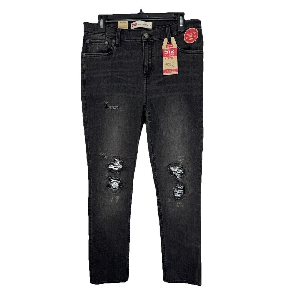 Levis 512 Slim Taper Stretch Jeans Boys 20 (Mens 30x30) Black Distressed Logo